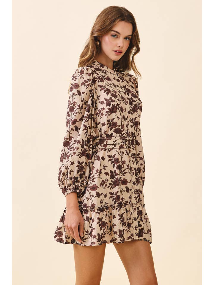 Beige CD06392-Floral Print High Neck Removable Buckle Belt Dress for wholesale on Faire2