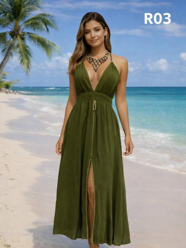 Langes Boho-Trägerkleid mit V-Ausschnitt - R03 für den Großhandel von DEEPTI SC