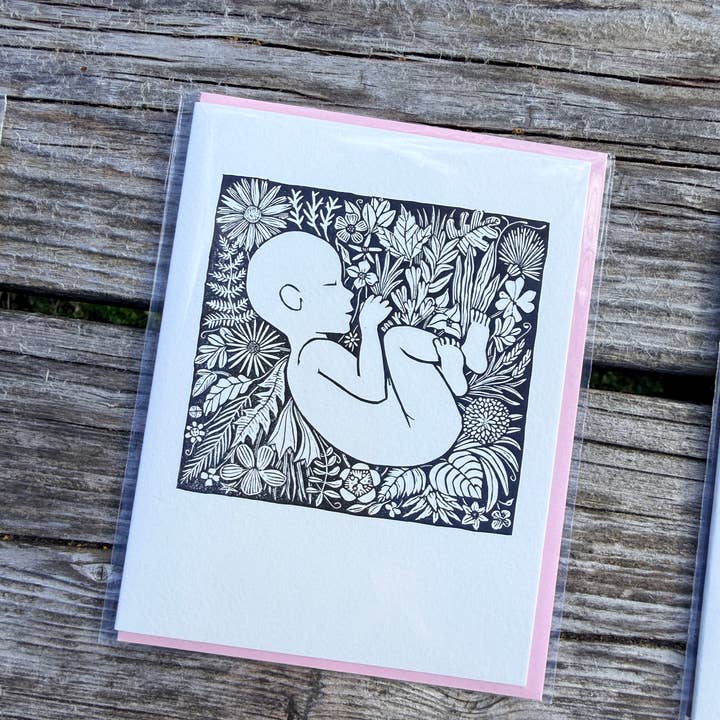 Anomal Press - Wholesale Baby Card - Bloom new baby linocut relief print card5