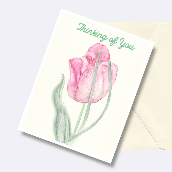 Thinking of You Pink Blush Tulip Floral Art Greeting Card for wholesale by Fine Art For Small Spaces