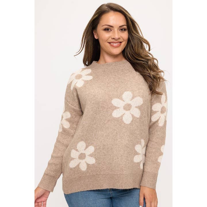 Curve Market - Wholesale Knit Sweater - Women's - PLUS SIZE FLORAL PATTERN CREWNECK SWEATER TOP2