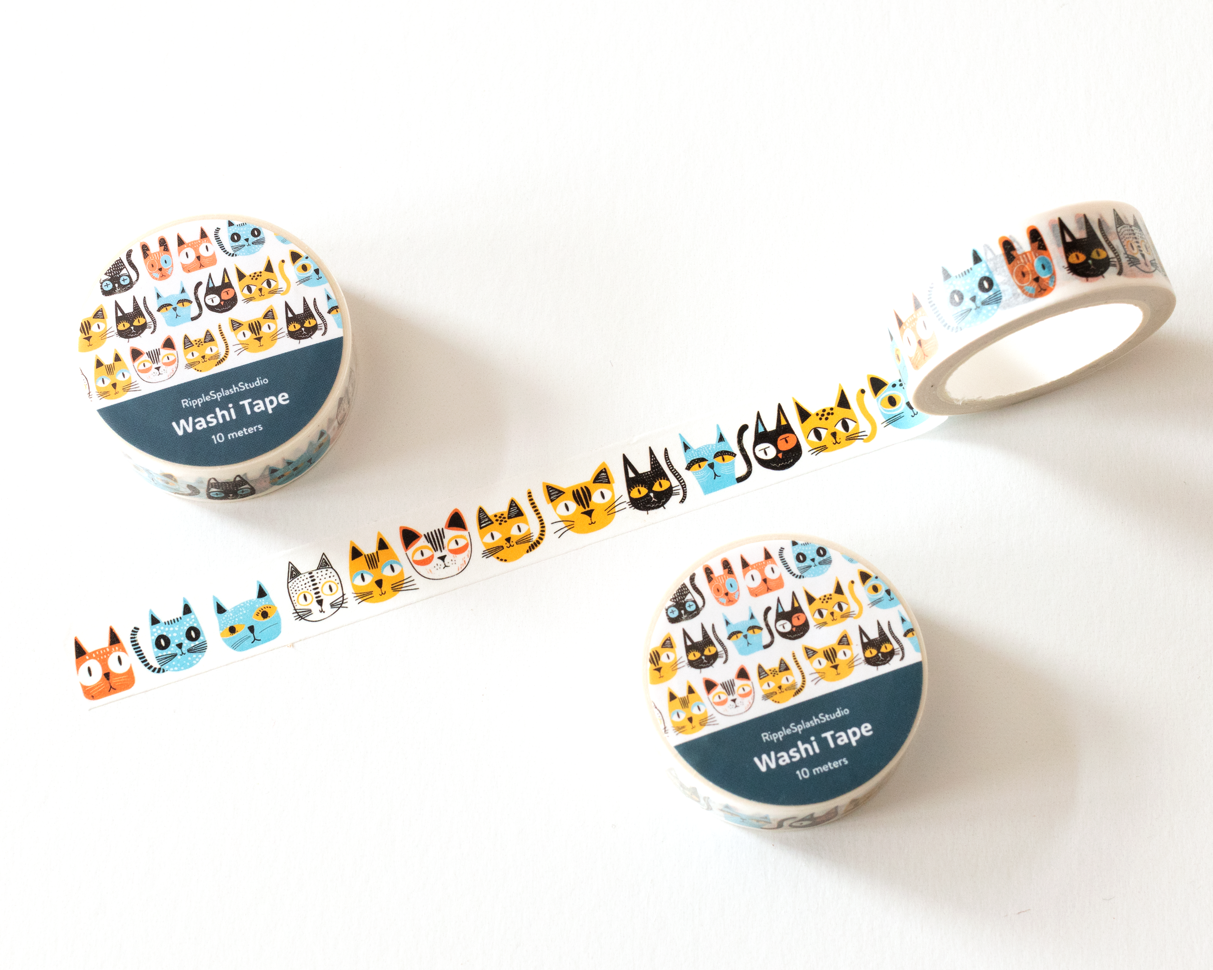 RippleSplash Studio - Wholesale Washi Tape - Playful Cat Faces Washi Tape - 15mm x 10m3