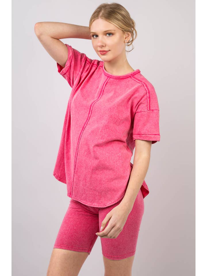 VERY J - Wholesale Activewear Set - Women's - NT11590SET-Washed Stretchy Knit Activewear Top & Shorts