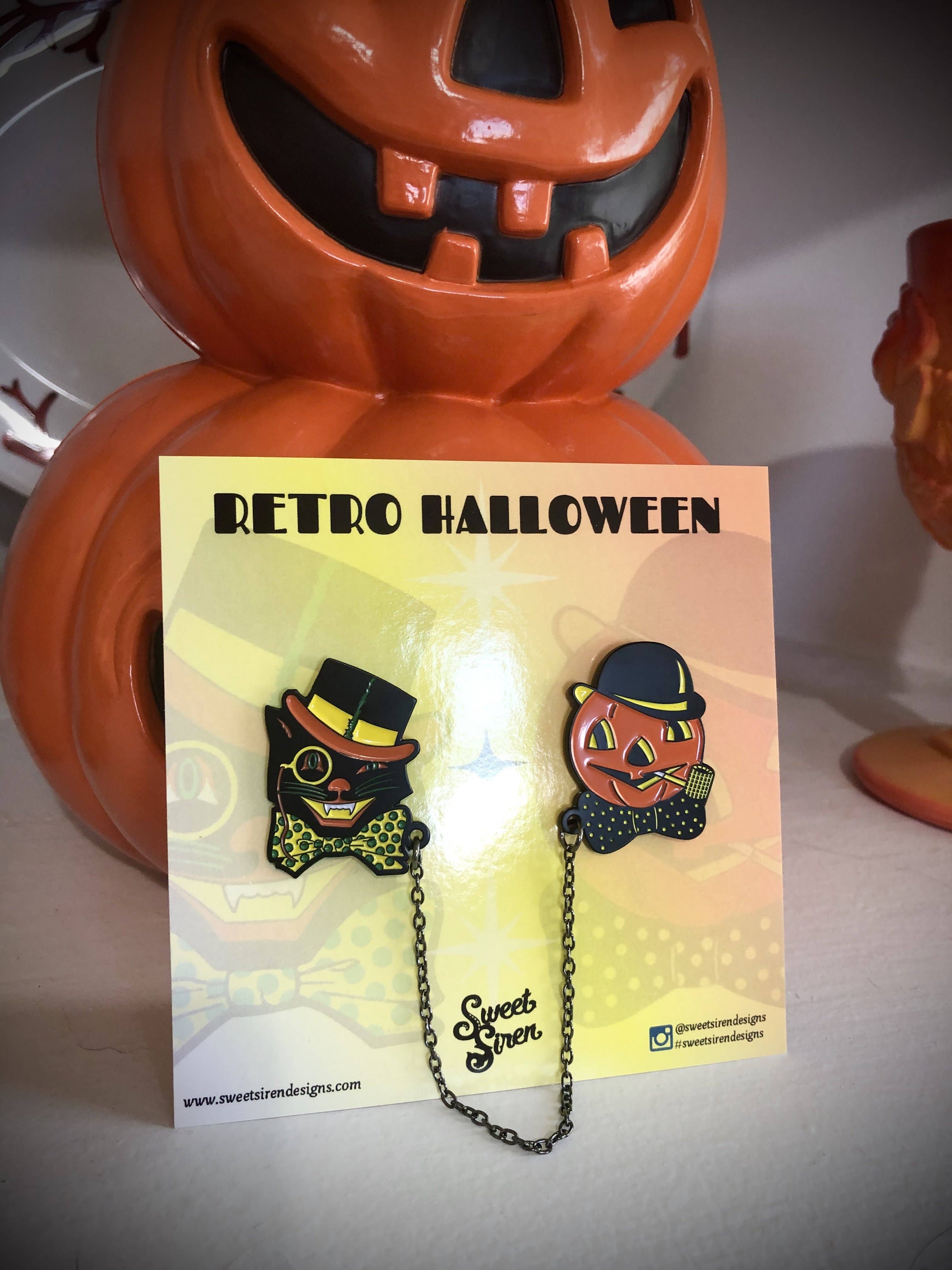 Sweet Siren Designs - Wholesale Lapel Pin/Button - Retro Cat and Pumpkin Collar-Sweater Pin Set4