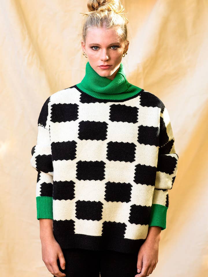 Checkered Jacquard Turtleneck Sweater for wholesale by House of Marcel Apparel