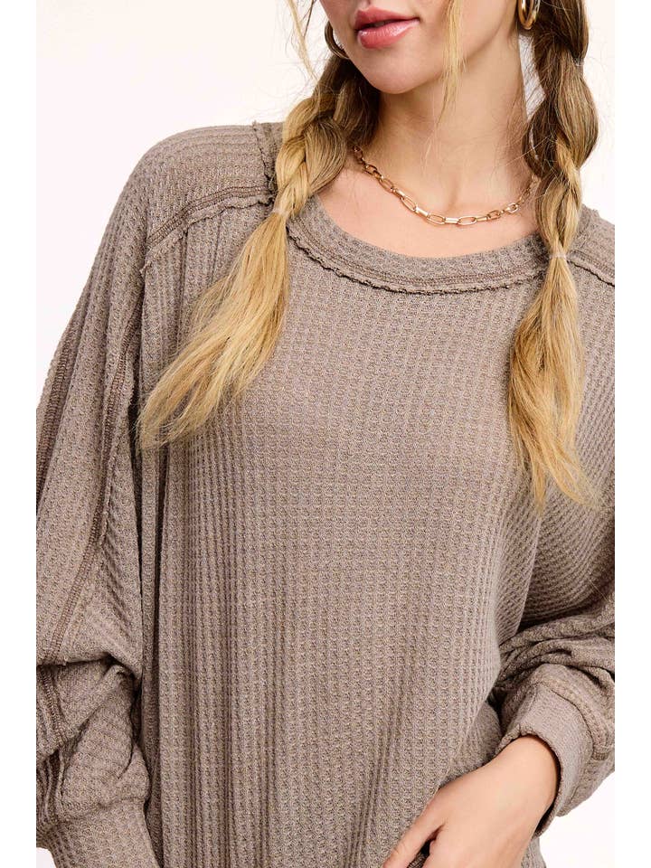 La Miel - Wholesale Knit Top - Women's - HAT7565-Brushed Waffle Fabric Loose Fit Long Sleeve Top3