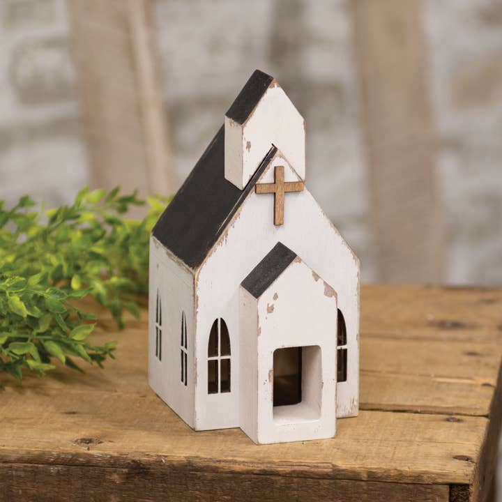 The Hearthside Collection - Wholesale Decorative Tabletop Object - Distressed White Wooden Church Sitter