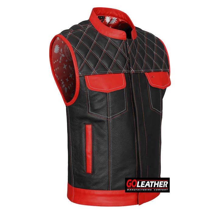 Brutal - Gilet rouge et blanc avec doublure bandana pour la vente par Goleather