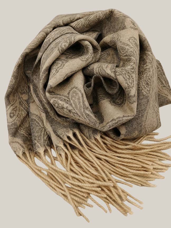 Greige Paisley Whisper Reversible Pure Cashmere Scarf for wholesale by Duo Plus