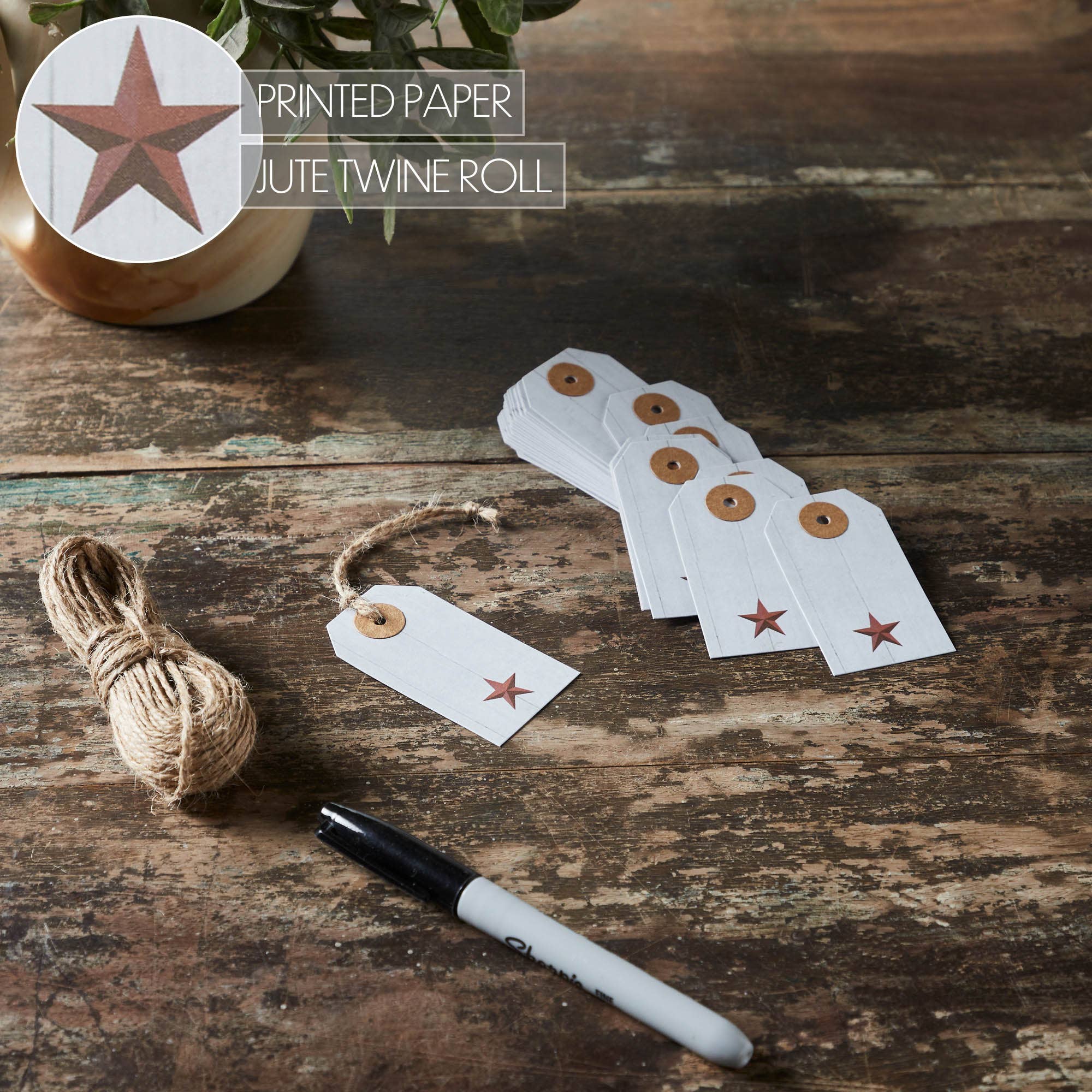 VHC Brands - Wholesale Gift Tag Label - Faceted Barn Star Barnwood Paper Tag Barn Red 2.75x1.5 w/ Twine Set of 504