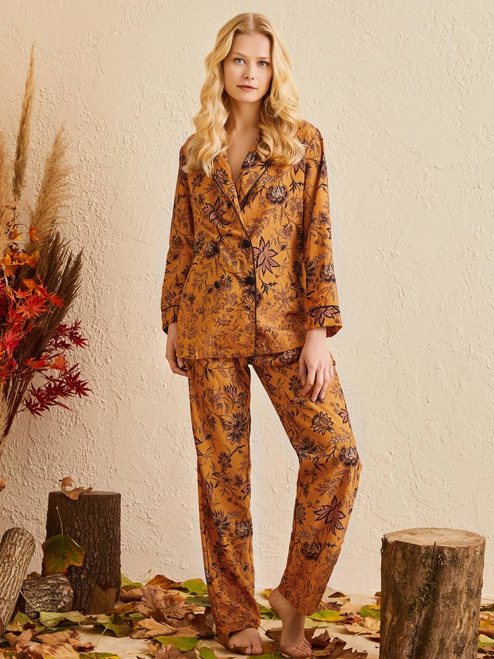 CINNAMON ETHNIC FLORAL DESIGN FRONT BUTTONED LONG PYJAMA SET for wholesale by ENNA MODA