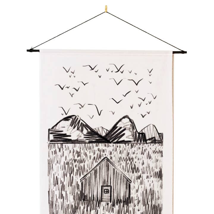 Tenture murale Meadow Cabin/Tapisserie textile pour la vente par Aimee Mac Illustration / Stationery & Prints