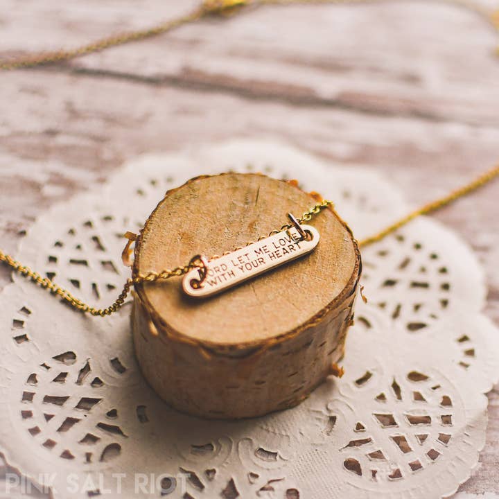Pink Salt Riot - Wholesale Pendant/Charm Necklace - Love with God’s Heart Gold Bar Necklace