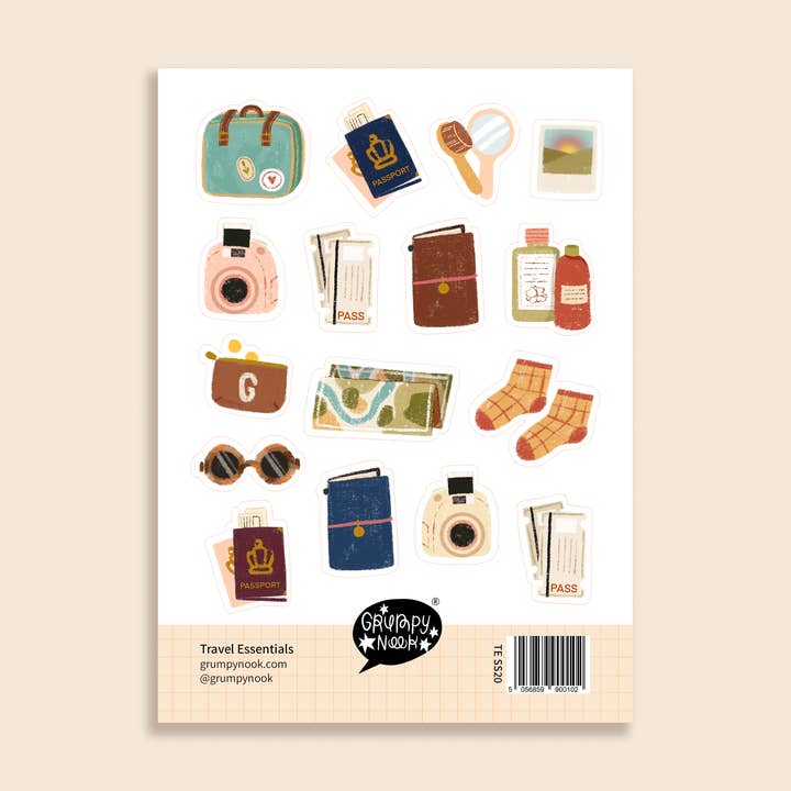 Travel Essentials Sticker Sheet for wholesale by Grumpy Nook