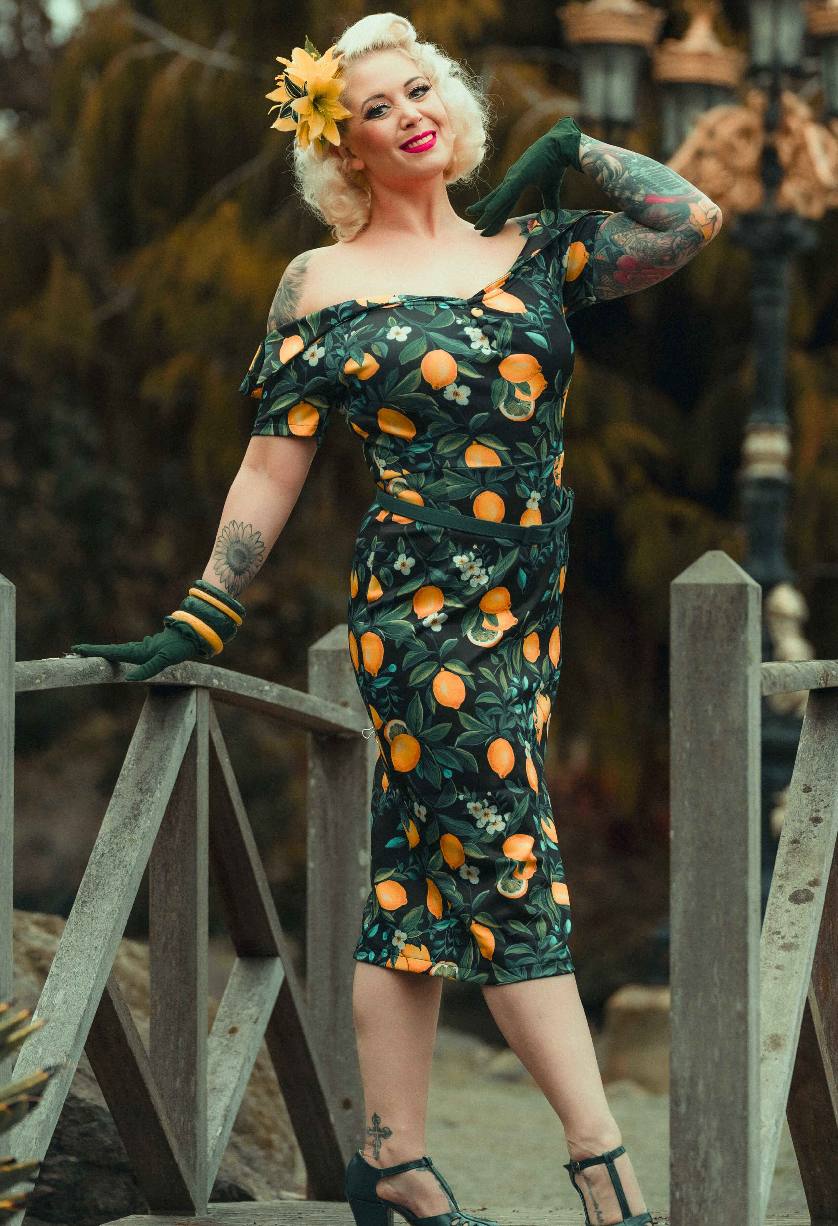 Dolly & Dotty - Wholesale Dress - Women's - Monroe Off-the-Shoulder Pencil Dress in Black Lemon Print9