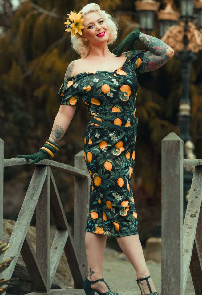 Dolly & Dotty - Wholesale Dress - Women's - Monroe Off-the-Shoulder Pencil Dress in Black Lemon Print9