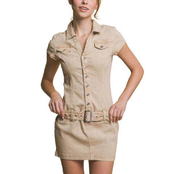 Denim Shirt Dress Chic Style with Belted Waist and Playful P for wholesale by Blue Bunny Inc