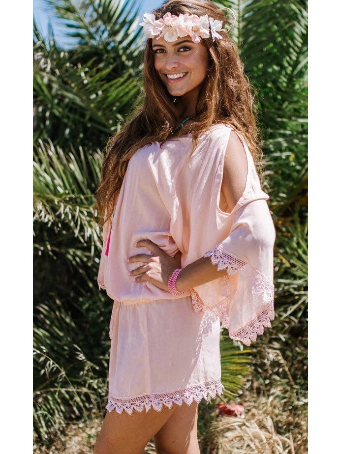 Miss Kitsch - Wholesale Dress - Women's - Peach Summer Short Dress, Tunic, Beach Cover, Boho, Resort Wear, Vacation Wear, Hippie Dress, Loose Sleeves Cancun Dress1
