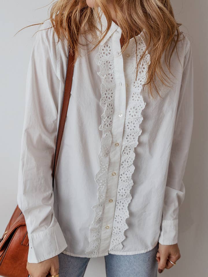 White Eyelet Lace Trim Buttoned Shirt for wholesale on Faire