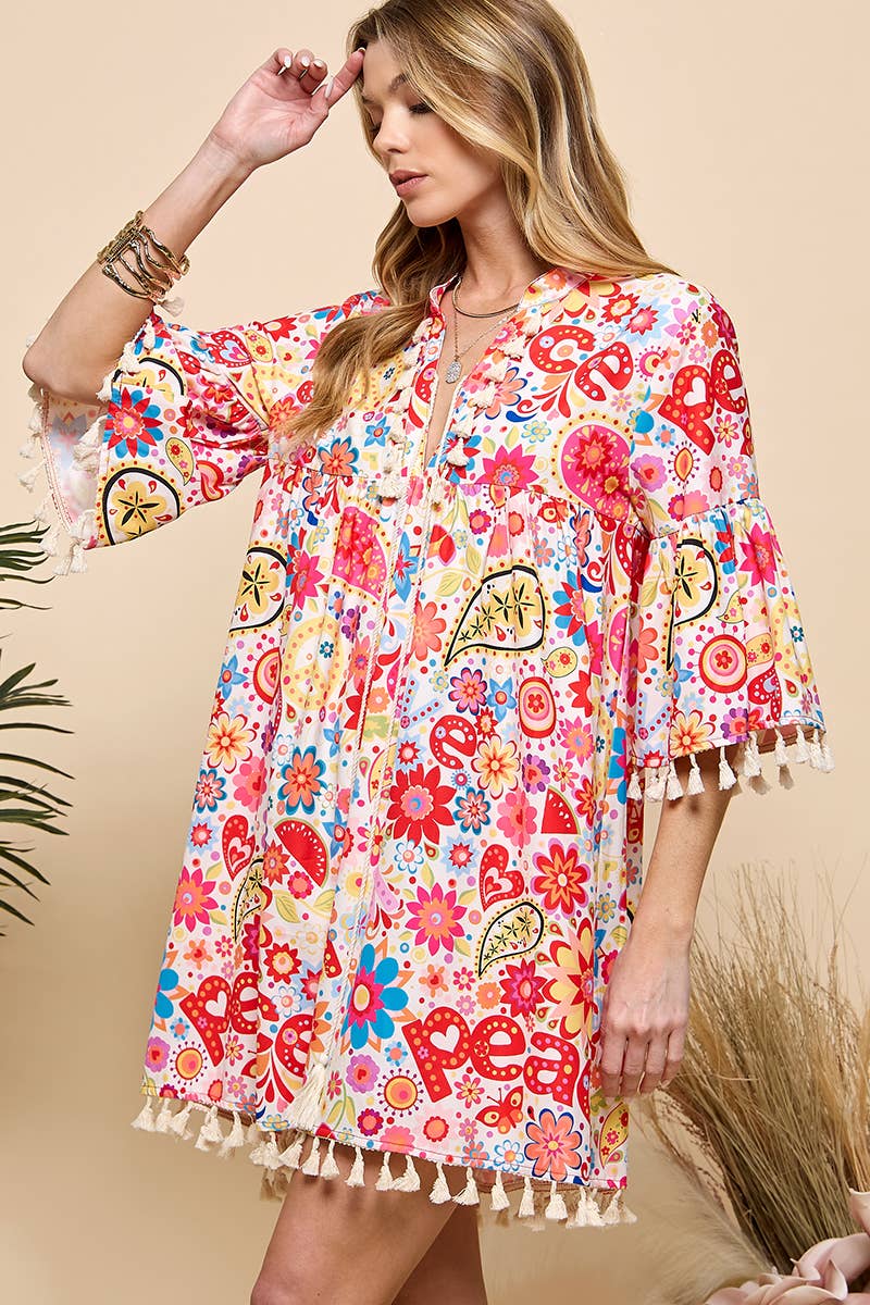 Red Multi Print V Neck Tassel  Dress for wholesale on Faire1