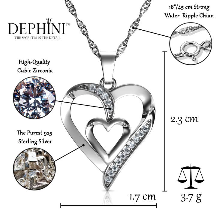 DEPHINI – wholesale Pendant/charm necklace – Double Heart Necklace - 925 Sterling Silver Jewellery Pendant Dephini