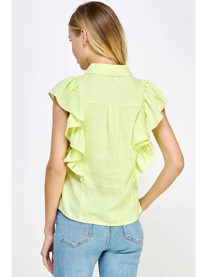 Strut & Bolt - Venta al por mayor Camisa con botones - Mujer - Blusa de lino sin mangas con volantes en los hombros9