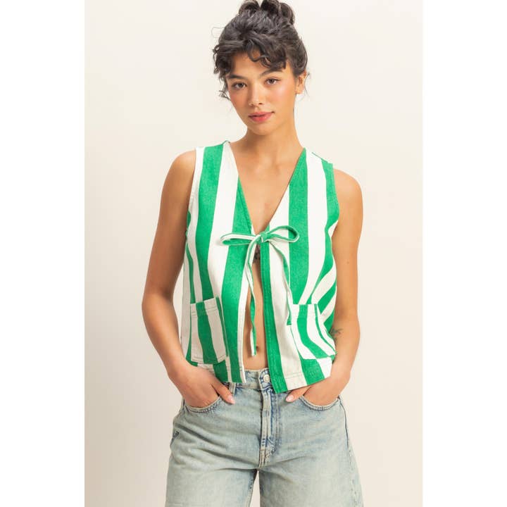 HYFVE - Wholesale Shirt - Women's - DZ25E183-Striped Front Bow Tie Sleeveless Vest