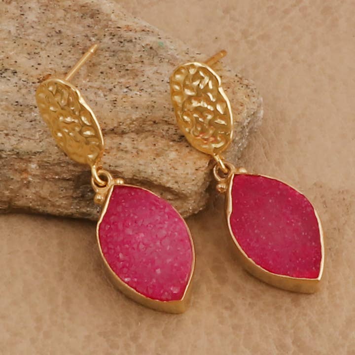 Pink Druzy Textured Studs Handmade Gold Plated Drop Earrings for wholesale by El Joyero