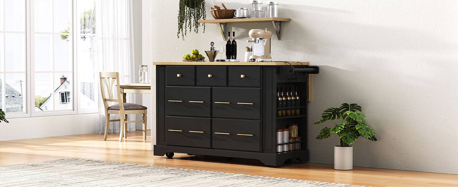 39F Inc. - Wholesale Kitchen Storage/Organizer - 51.2" Farmhouse Kitchen Island with 6 Drawers & Drop Leaf30