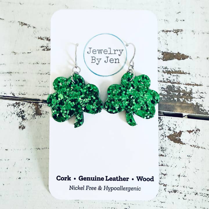 Pendientes de Trébol (Pequeños): Purpurina Verde para venta al por mayor de Jewelry By Jen