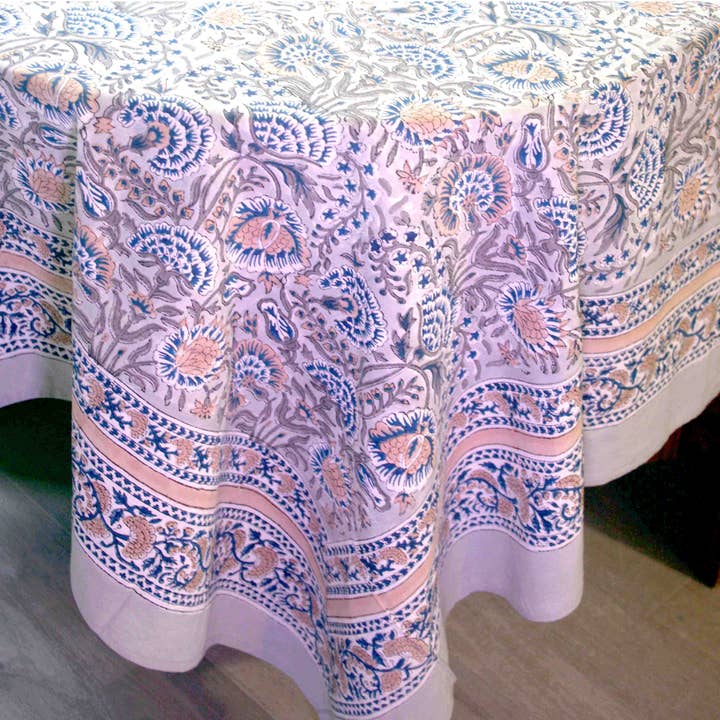 6-Sitzer Blockbedruckte rechteckige Tischdecke - Graue Blumenmuster für den Großhandel von Kantha Decor