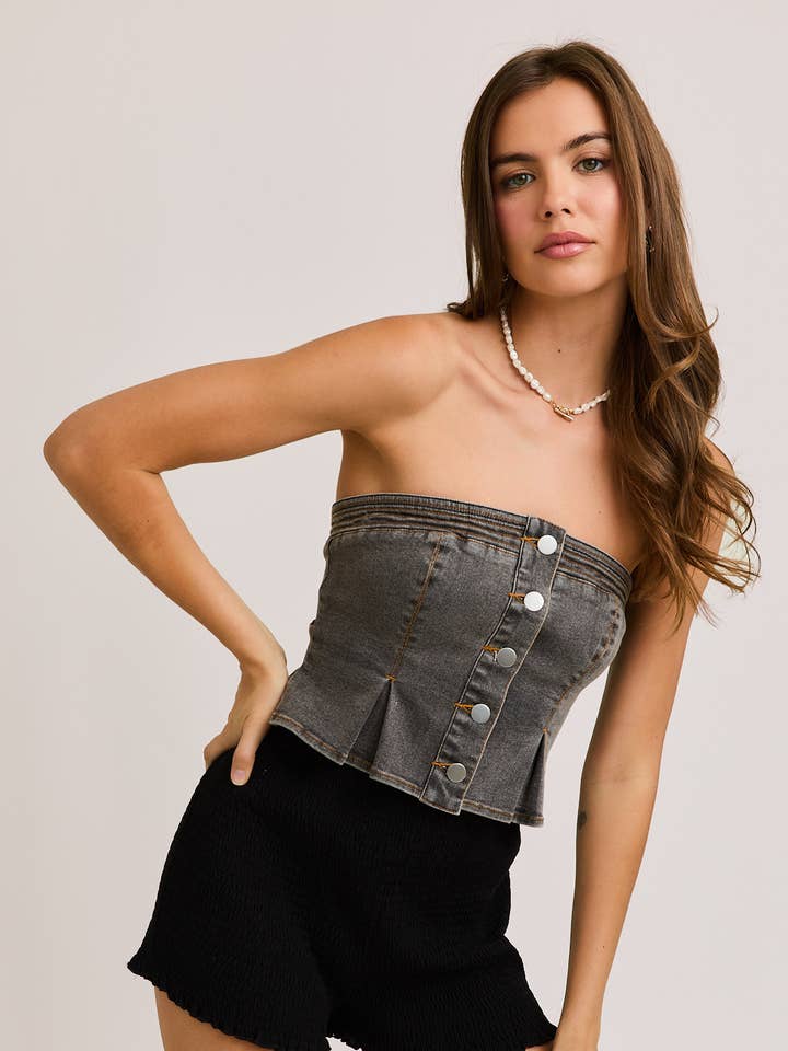 LE LIS - Wholesale Blouse - Women's - DENIM TUBE TOP WITH FRONT BUTTONS
