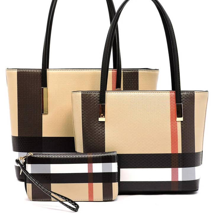 CH-BT2669 SMOOTH TEXTURED MODERN CHECK 3 in 1 FASHION TOTE S for wholesale by M&M HANDBAGS, LLC.