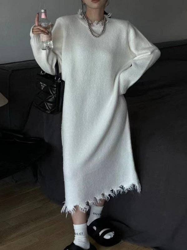 Robes midi à col rond et frangées à manches longues, taille haute, couleur unie pour la vente par StyleGalX