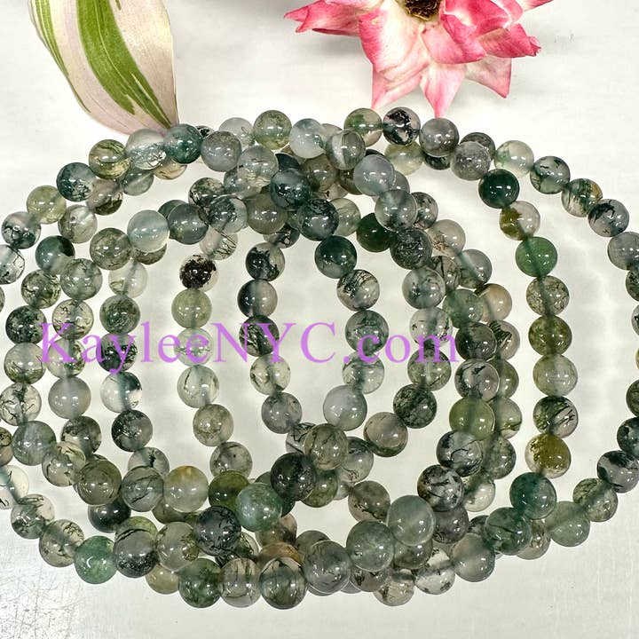 KayleeNYC – wholesale Beaded bracelet – Moss Agate 6mm 7.5” Crystal Healing Stretch Bracelet1