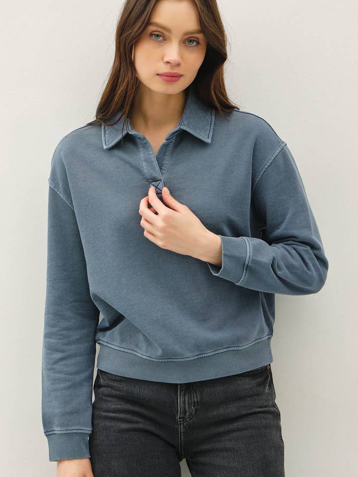 SWEATSHIRT PULL-OVER HENLEY À COL AVEC DÉLAVAGE ACIDE pour la vente par Be Cool