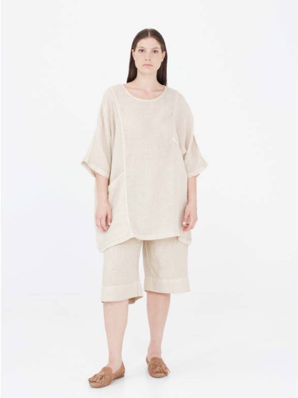 Blusa curva in garza di lino con tasca frontale per la vendita all'ingrosso da parte di Haris Cotton