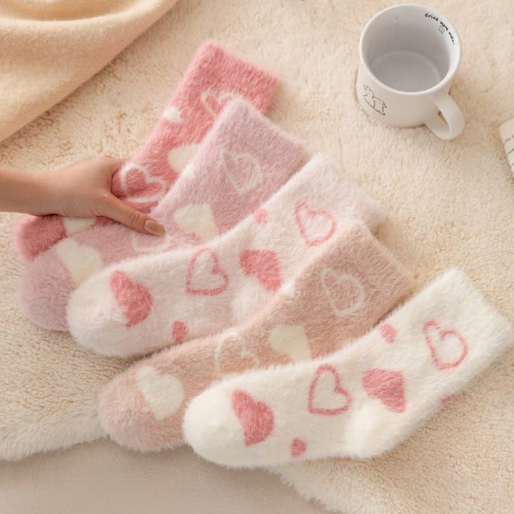 Valentine's Day Fuzzy Pink Heart Lounge Socks (JABA) for wholesale by LoveLina