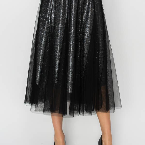 JUPE EN MAILLE FLUIDE AVEC DOUBLURE SCINTILLANTE-4797BK pour la vente par Origami Apparel ~ Lace and Crochet inspired