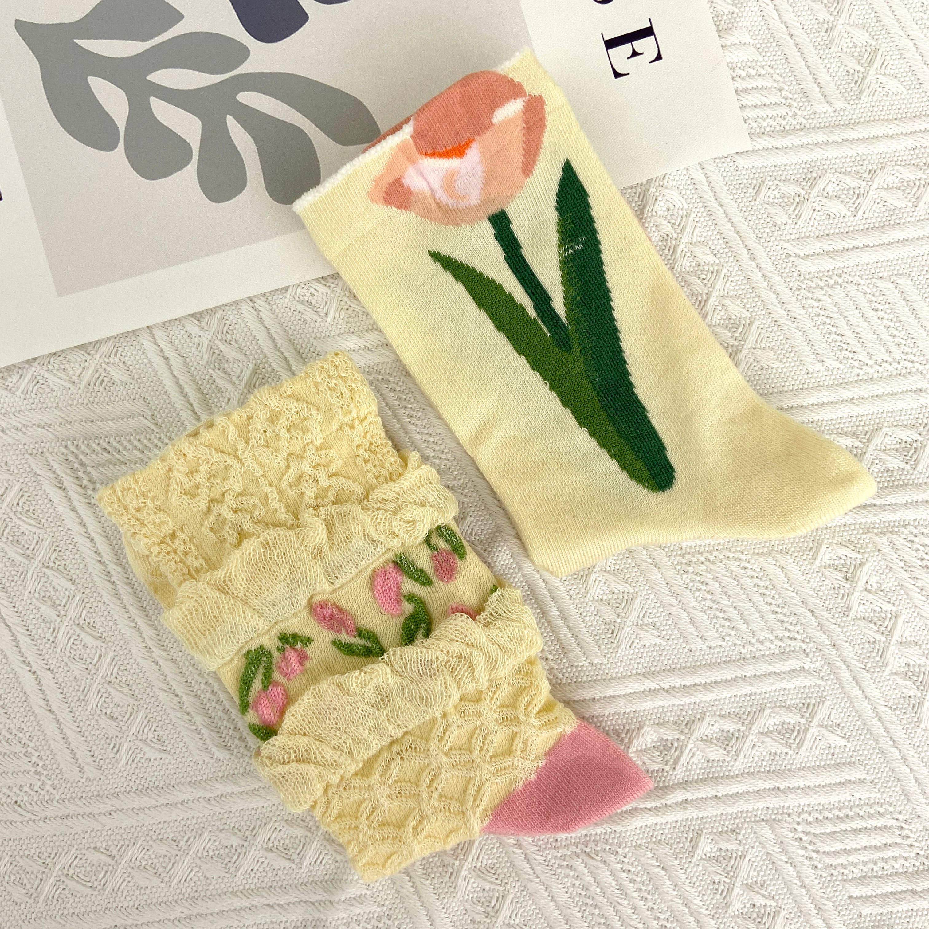 mildstyles - Vente Chaussettes – femme - Chaussettes vintage mi-mollet à motif floral tulipes12