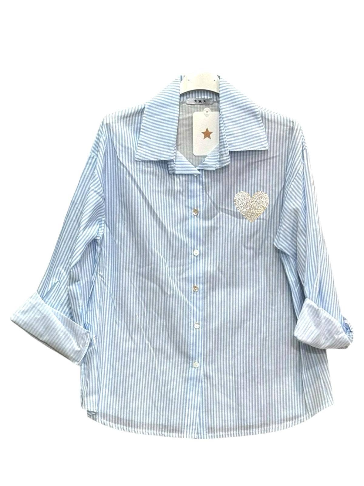 Moonsun - Vendita all'ingrosso Camicia button down - Donna - Camicia a righe in cotone con stampa a cuore3