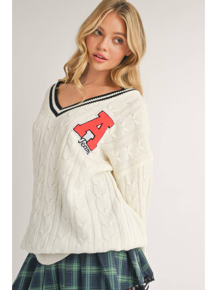 Klesis - Wholesale Knit Sweater - Women's - IT2990 VARSITY PATCH V NECK CABLE KNIT SWEATER15