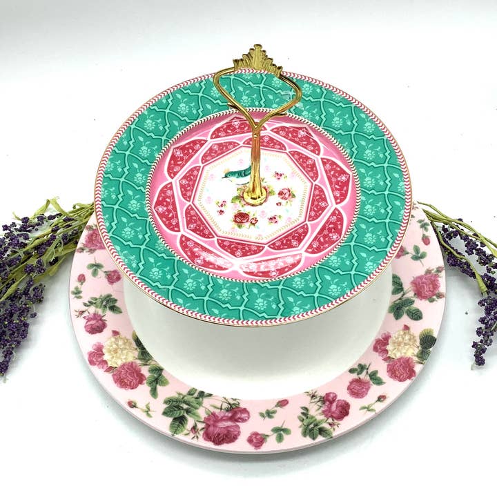 Crown Royal Teal and Pink Chintz Roses Tiered Cake Stand for wholesale by All Little Cute Things