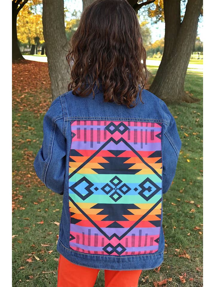Kids Charm Online - Wholesale Denim Jacket - Kids - Dark Blue denim jacket w/aztec printed pocket & back. TPG65153053-WEN
