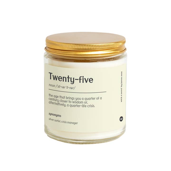 Wick n Word – Engroshandel Glaslys – Personlig 25-års fødselsdagsgave The Silver Liner Age Definition Stearinlysgave til 25-års fødselsdag A0251