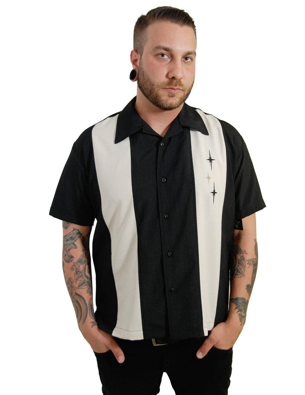 Steady Clothing - Wholesale Button Down Shirt - Men's - Three Star Panel Bowling Shirt in Black5