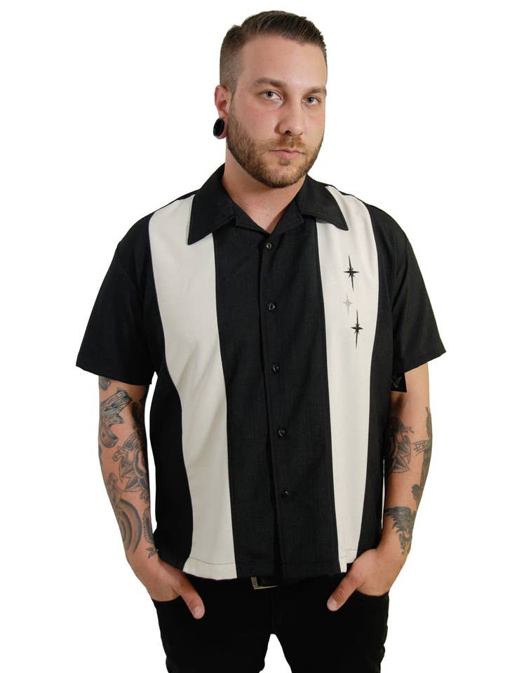 Steady Clothing - Wholesale Button Down Shirt - Men's - Three Star Panel Bowling Shirt in Black5