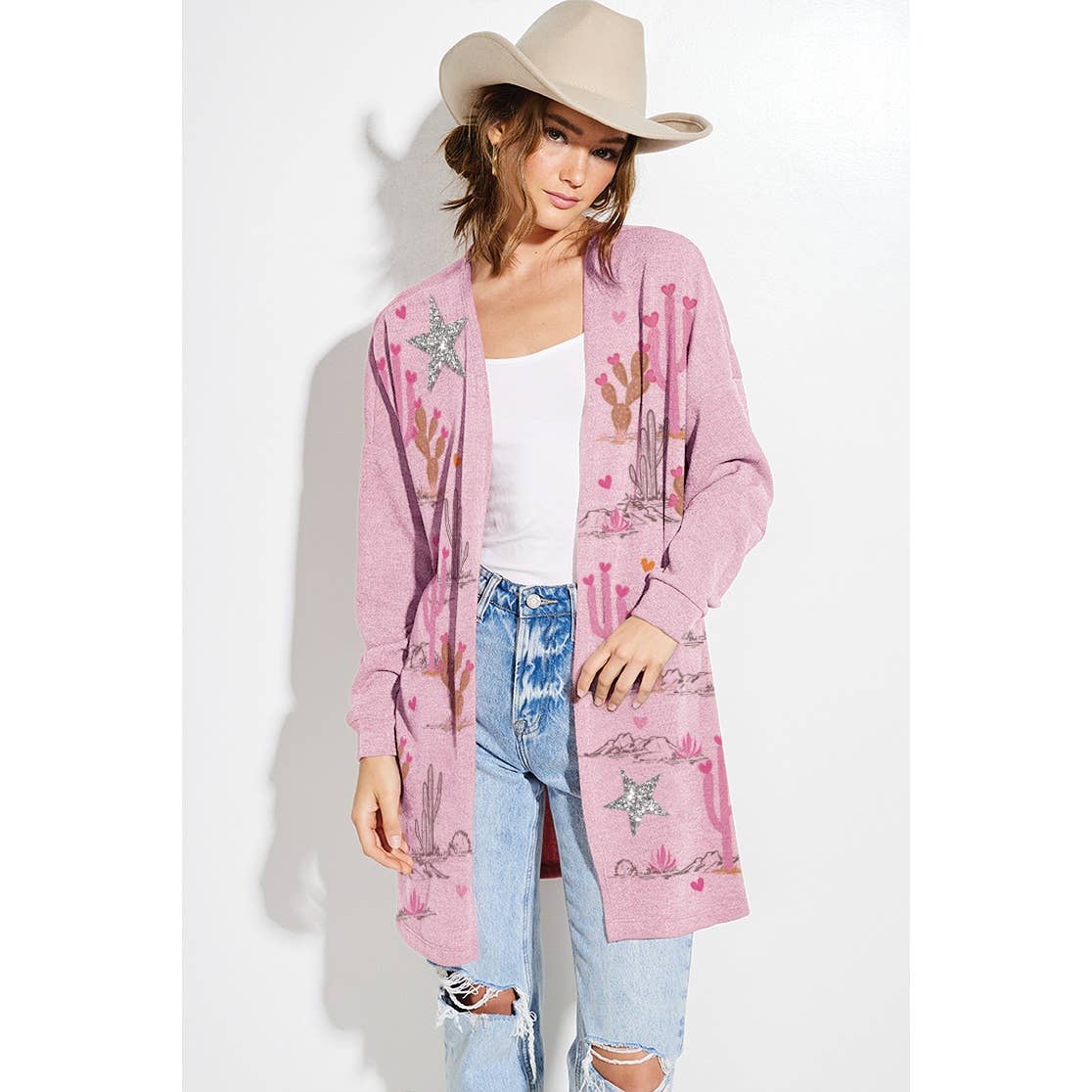 Phil Love – Großhandel Strickjacke – Damen – Wüstenkaktus Stern Glitzerprint Strickjacke1