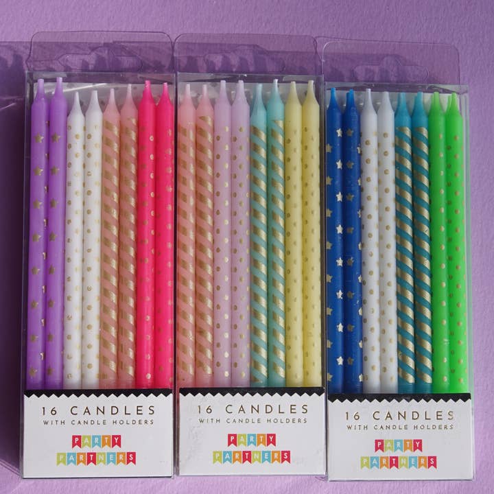 Party Partners - Vendita all'ingrosso Candeline per torte - Set di 16 candele blu e verde con motivi metallici2