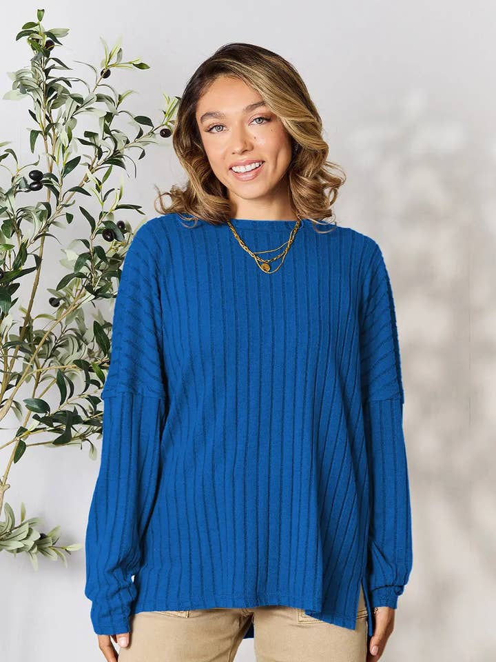 Basic Bae Full Size Ribbed Round Neck Slit Knit Top for wholesale by Garden Naked